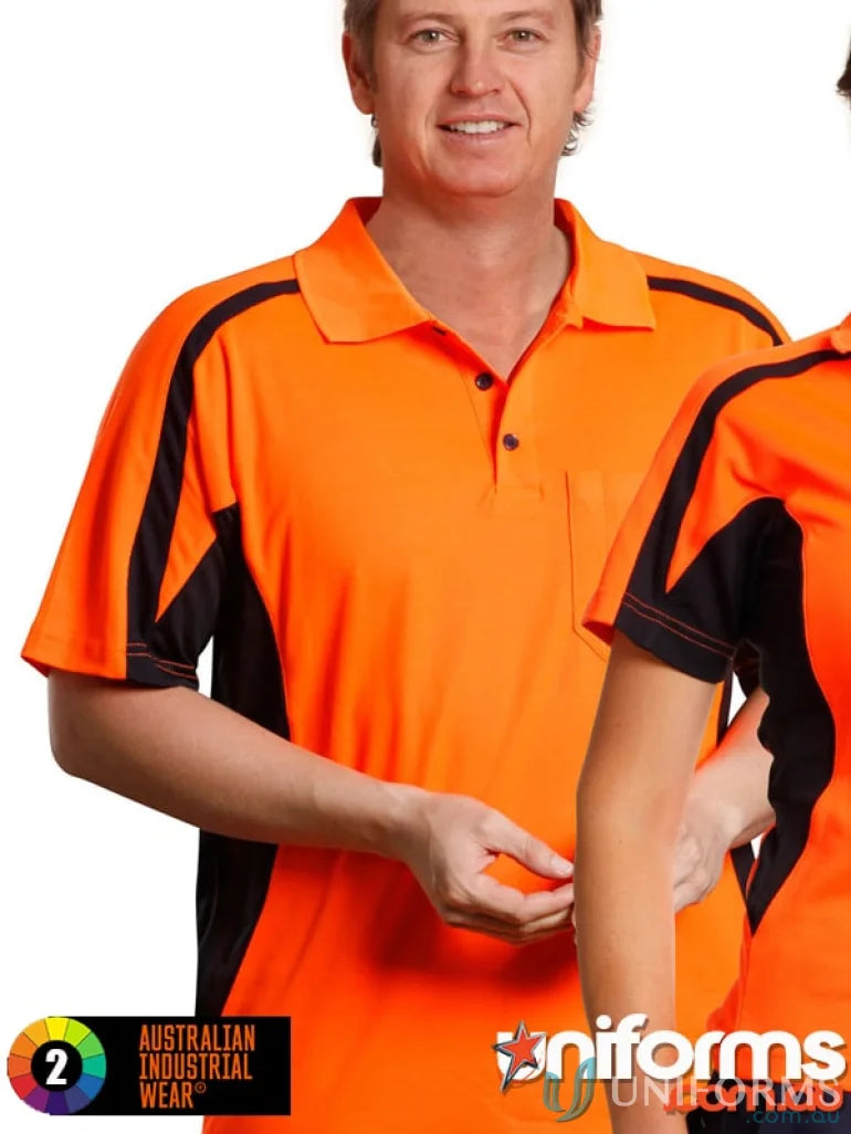 Orange and black industrial polo shirt from HiVis Fashion PoloUnisex featuring sw25 hi-vis and spirit hivis truedry