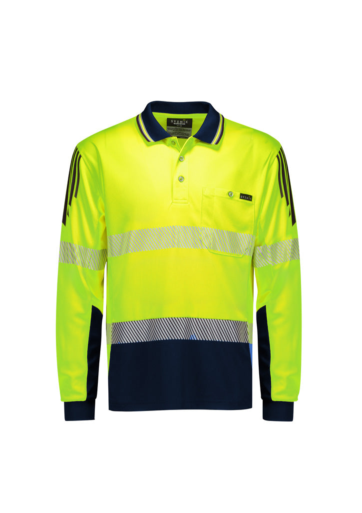 Mens hi vis flux segmented tape LS polo in neon yellow with reflective tape