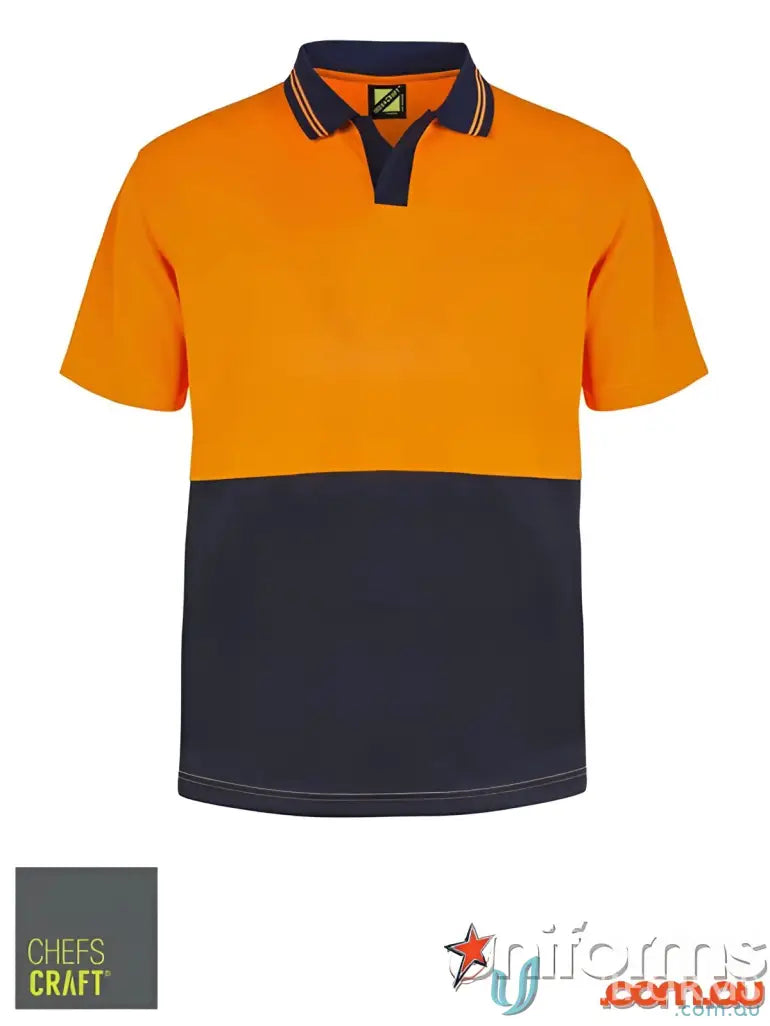 Orange and navy blue color-block short-sleeve polo shirt for food processing teams