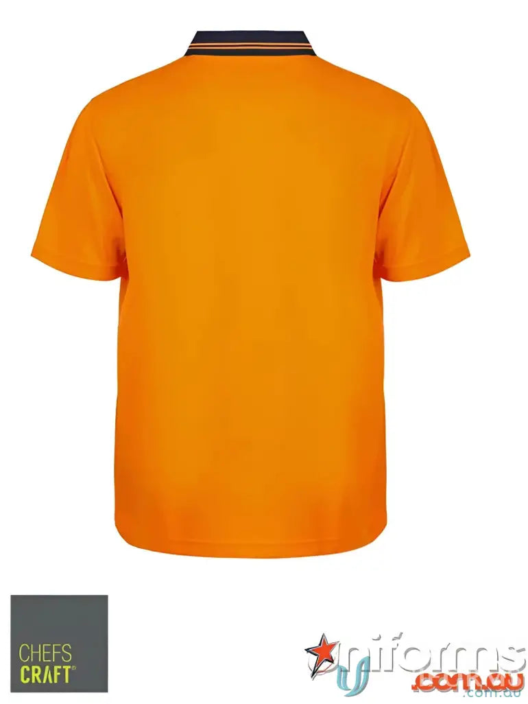 Orange short-sleeved polo shirt with dark collar and stripes for hivis food industry teams