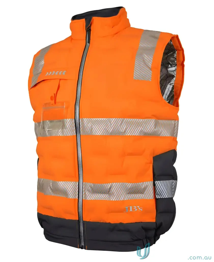 Orange and black safety vest with reflective stripes on HiVis Graphene Puffer Vest