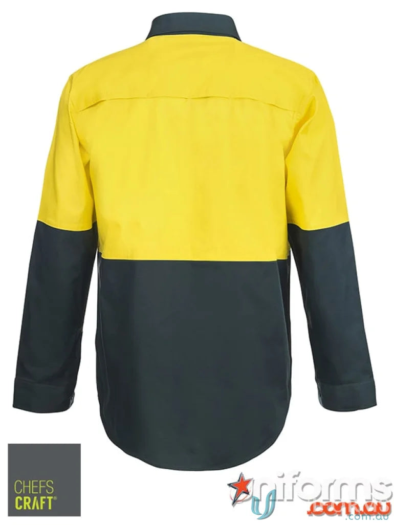 HiVis Half Placket closed front drill shirt with reinforced stress points and twin needle stitching