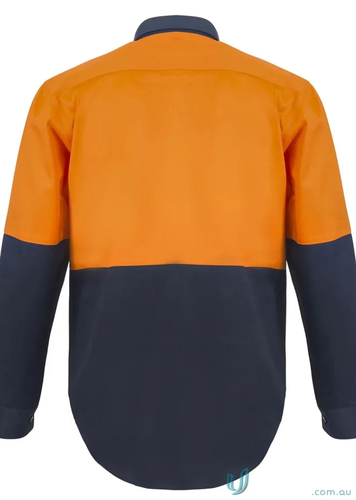 Orange and navy HiVis Half Placket Drill Shirt with reinforced stress points and twin needle stitching