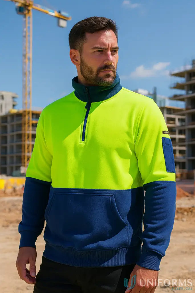 Men’s HiVis Half Zip Fleecy Jumper in lime navy or orange navy for uniforms