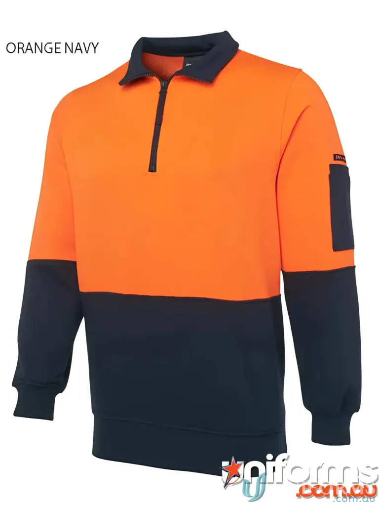 Orange and navy work sweatshirt ideal for uniforms in JB’s HiVis Half Zip Fleecy Jumper
