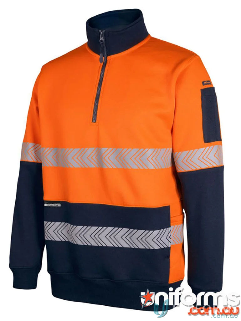 Orange and navy HiVis Half Zip Segmented Tape Fleece with reflective tape for safety
