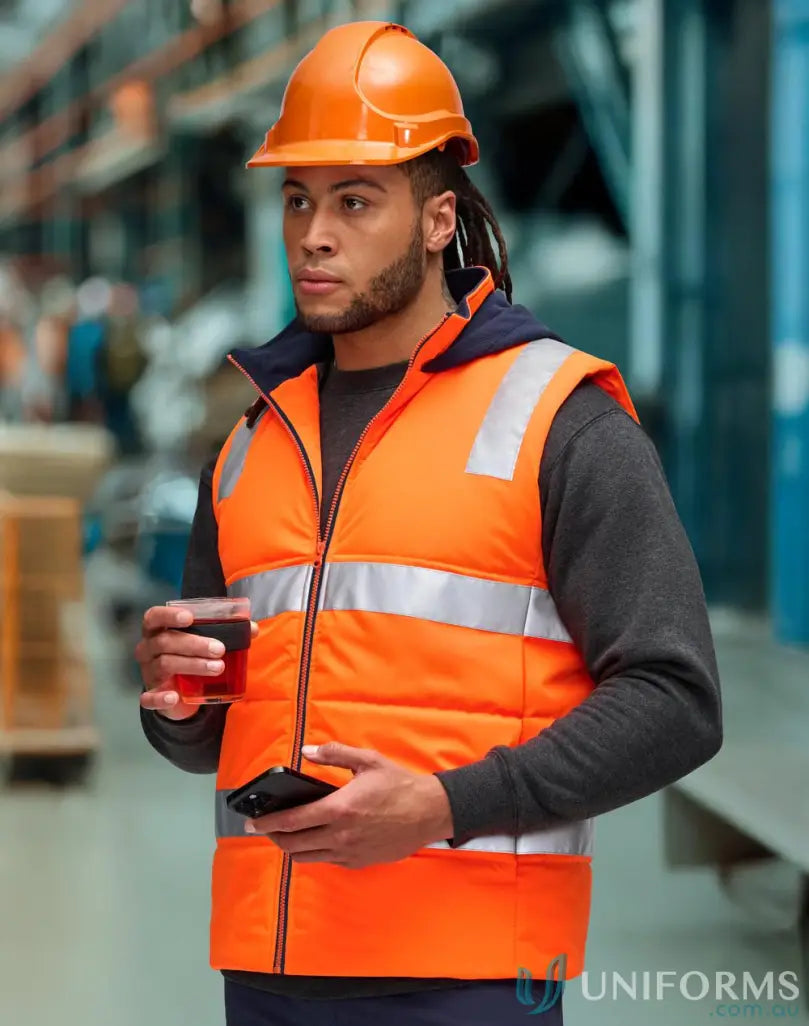 Orange hooded puffer vest with reflective strips, perfect reliable workwear for construction workers