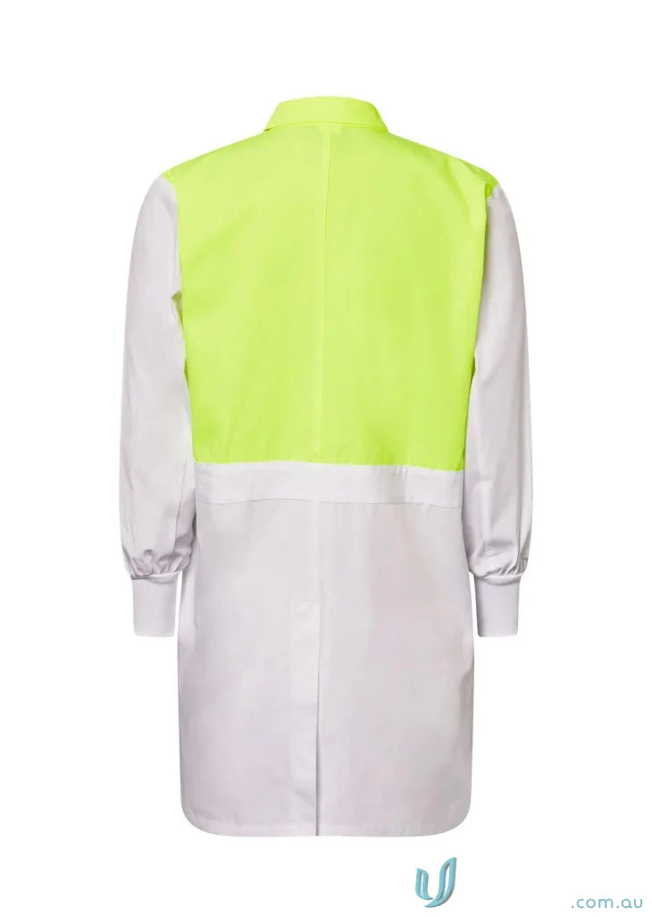 White and neon yellow long-sleeved workcraft hivis internal dustcoat for industrial laundry or kitchens