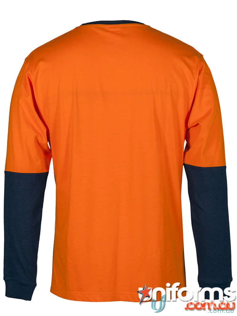 Orange long-sleeved work shirt with navy blue sleeves, meets Australian safety standards