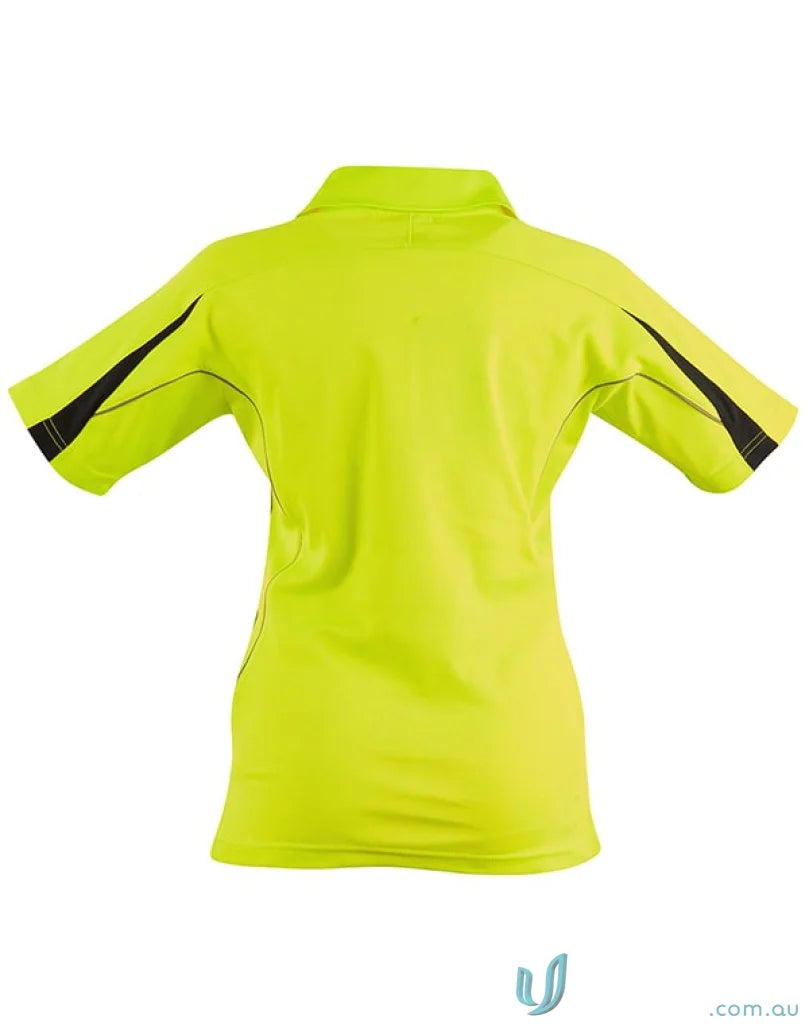 Bright yellow Winning Spirit Hivis Ladies Legend S/S Polo with black and white accents