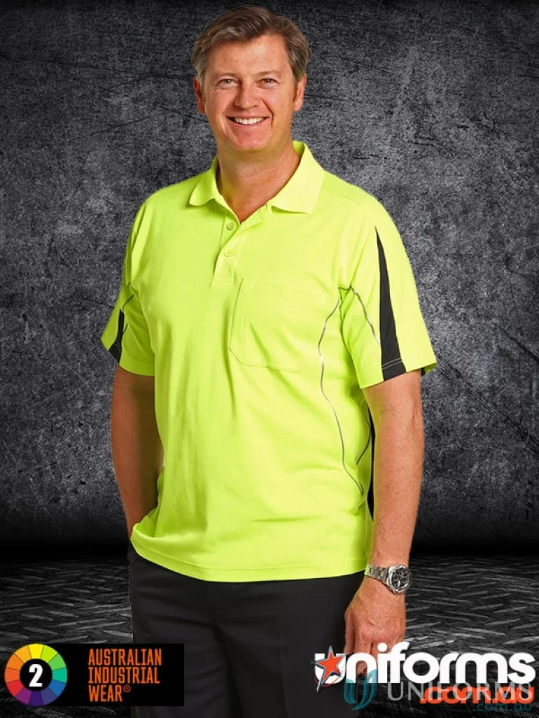 Men’s lime green HiVis Legend SS Polo with contrast color sleeves and black side panels
