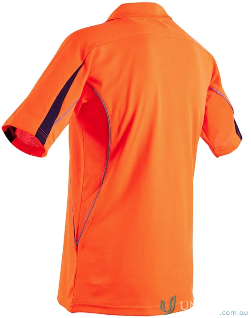 Orange sw25a Hi-Vis Legend SS Polo with contrast color sleeves and dark blue accents