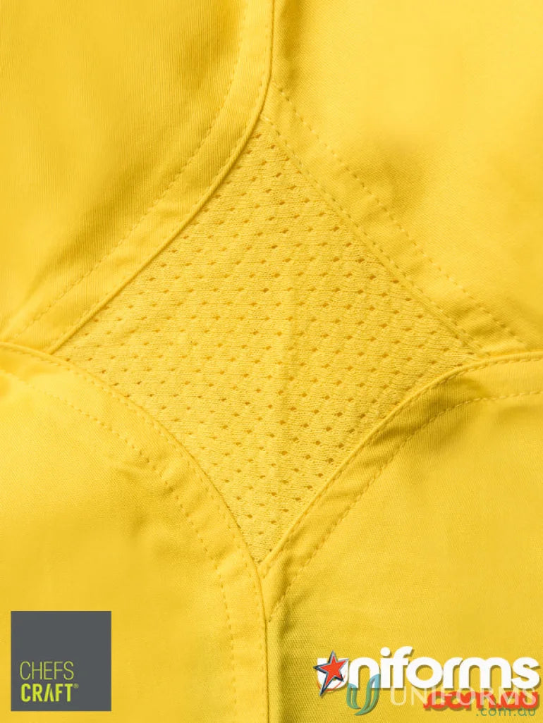 Close-up of HiVis Lightweight Drill Food Industry Shirt with yellow fabric and breathable mesh