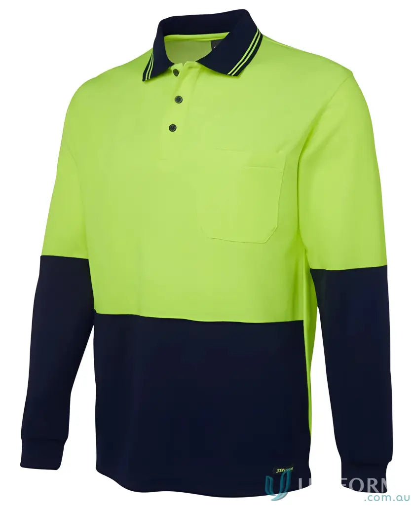 Men’s HiVis LS Cotton Back Polo in lime green and navy blue workwear uniforms
