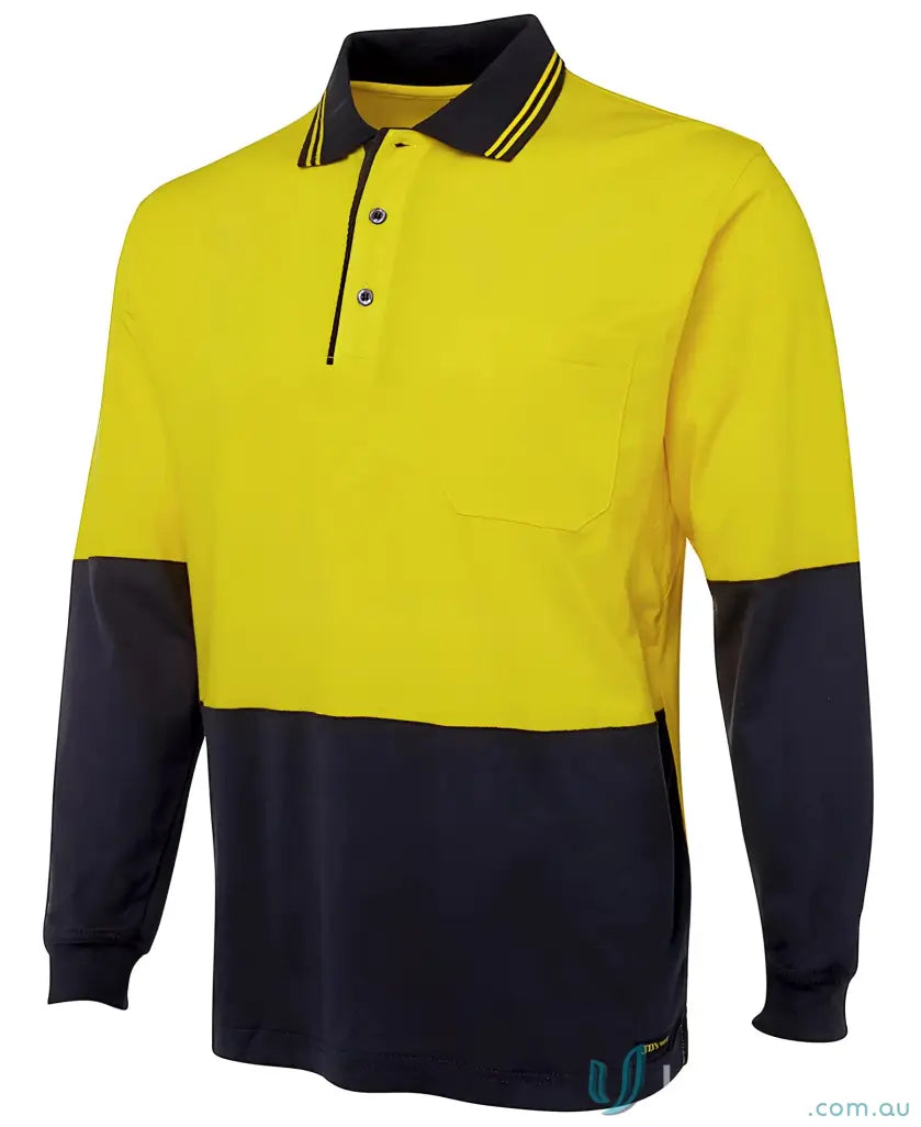 HiVis LS Cotton Polo in two-tone yellow and navy with chest pocket, 180gsm fabric, UPF protection