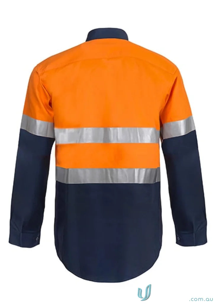 Orange and blue work safety shirt with reflective stripes and 3M tape for visibility