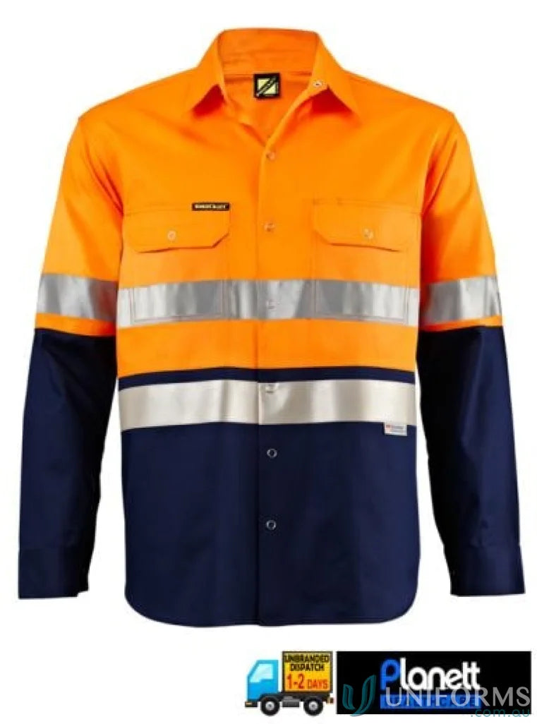 Orange and navy blue HiVis LS Shirt with reflective tape and reinforced stress points
