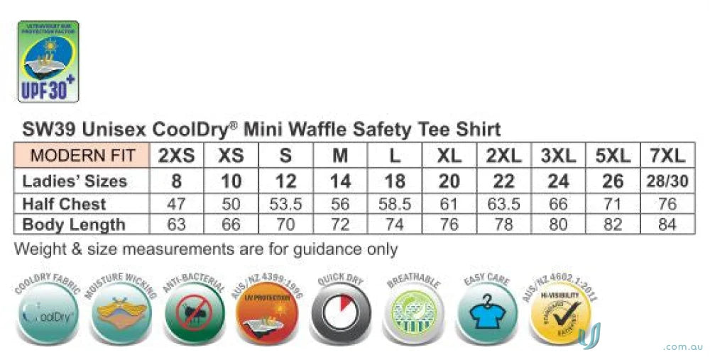 HiVis Mini Waffle T-Shirt size chart for SW39 Hi-Vis Waffle Safety Tee
