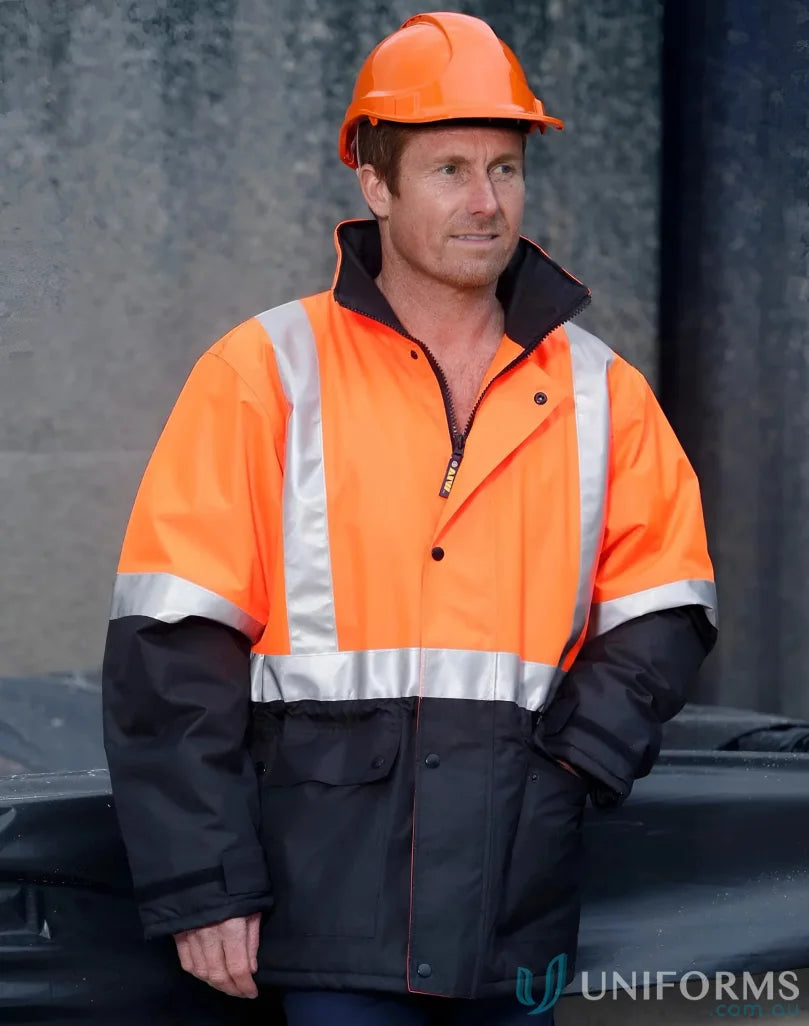 Orange and black high-visibility rain proof quilted jacket from the HiVis Rain Proof series