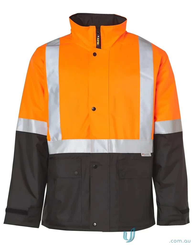 Orange and black HiVis Rain Proof Quilted Jacket showing its rain proof quilted design