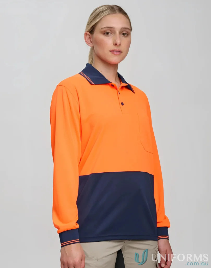 Orange and navy long sleeve polo shirt from HiVis Safety LS Polo, sw05cd high visibility