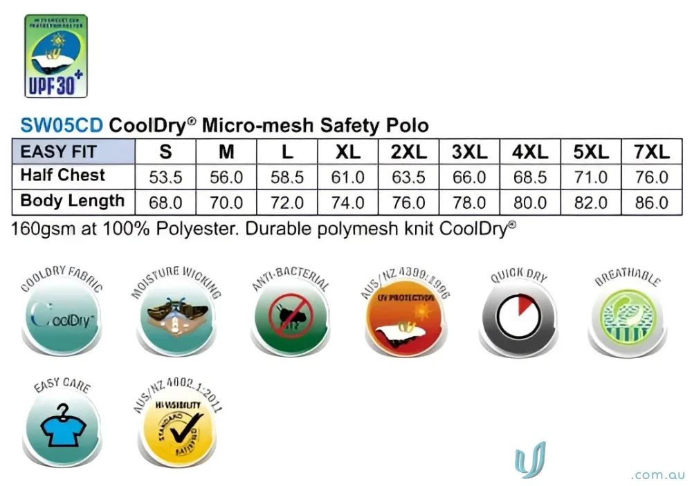 CoolDry safety polo size chart for HiVis Safety LS Polo, perfect for SW05CD high visibility long sleeve polo gear