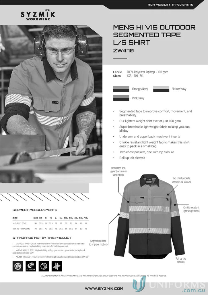 Men’s HiVis Segmented Tape Outdoor Workwear Shirt L/S Workwear Shirt ZW470