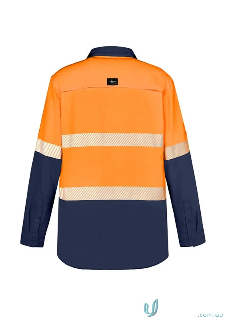 Orange and navy blue long-sleeved work shirt with hivis segmented tape for outdoor workwear