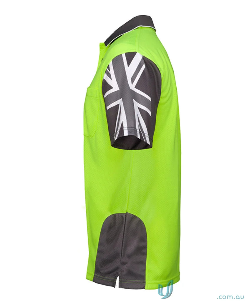 Neon green HiVis Southern Cross SS Polo with Union Jack sleeve for workwear uniforms