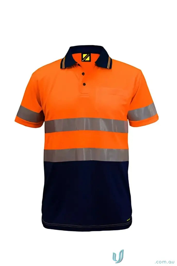 Orange and navy blue HiVis SS Taped Polo with double stripe workwear uniforms