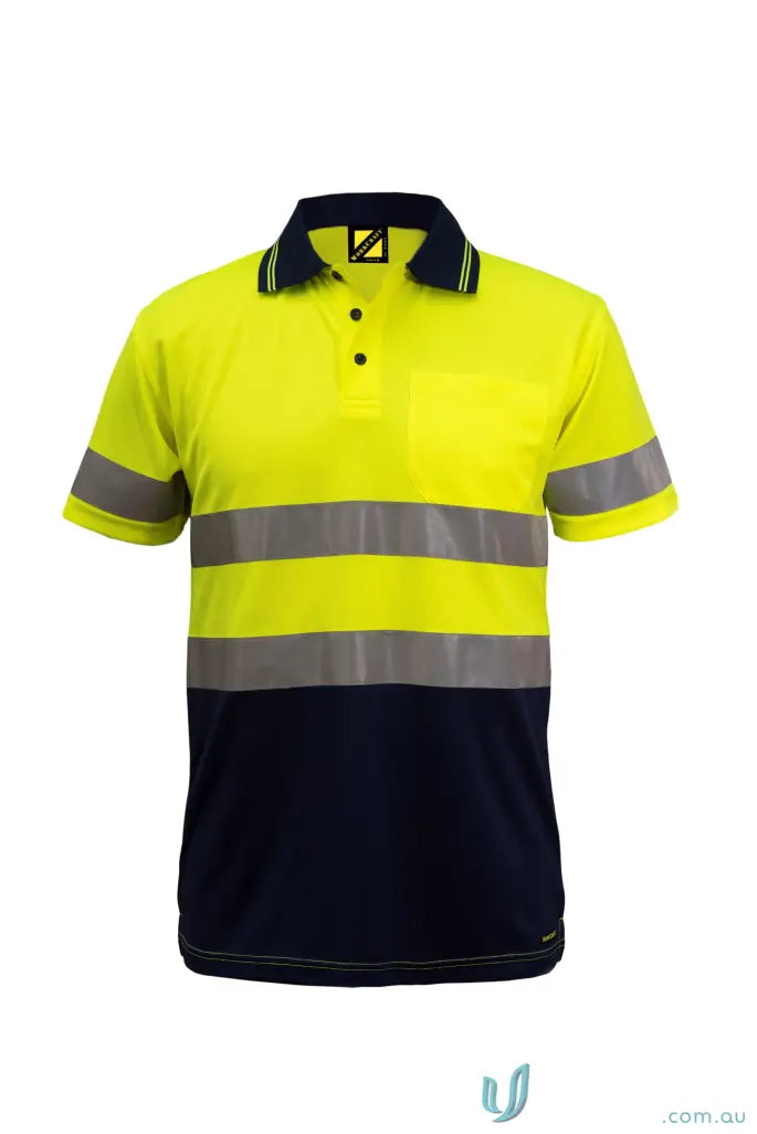 High-vis yellow and navy blue polo shirt with reflective double stripe for workwear uniforms