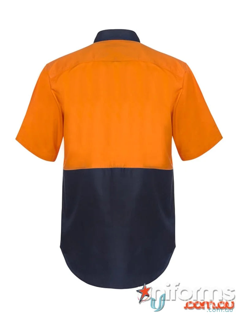 Orange and navy cotton drill work uniforms, HiVis Stud SS Shirt for professional wear