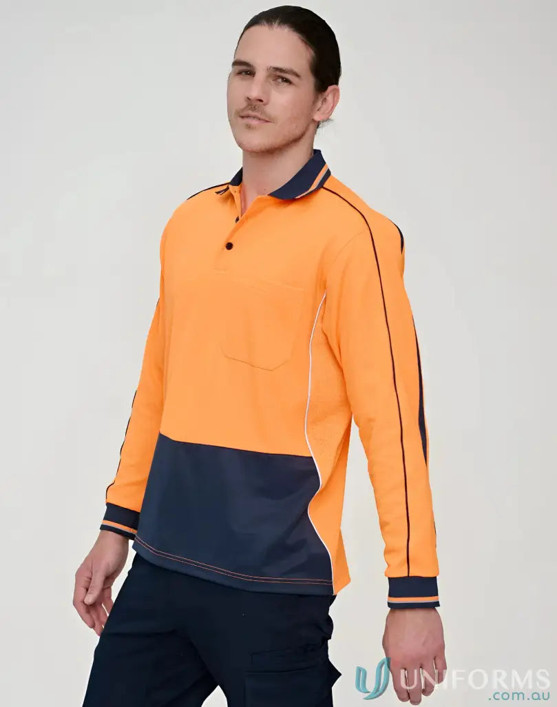 Orange and navy Hi-Vis Sustainable Polo with reflective stripes and chest pocket