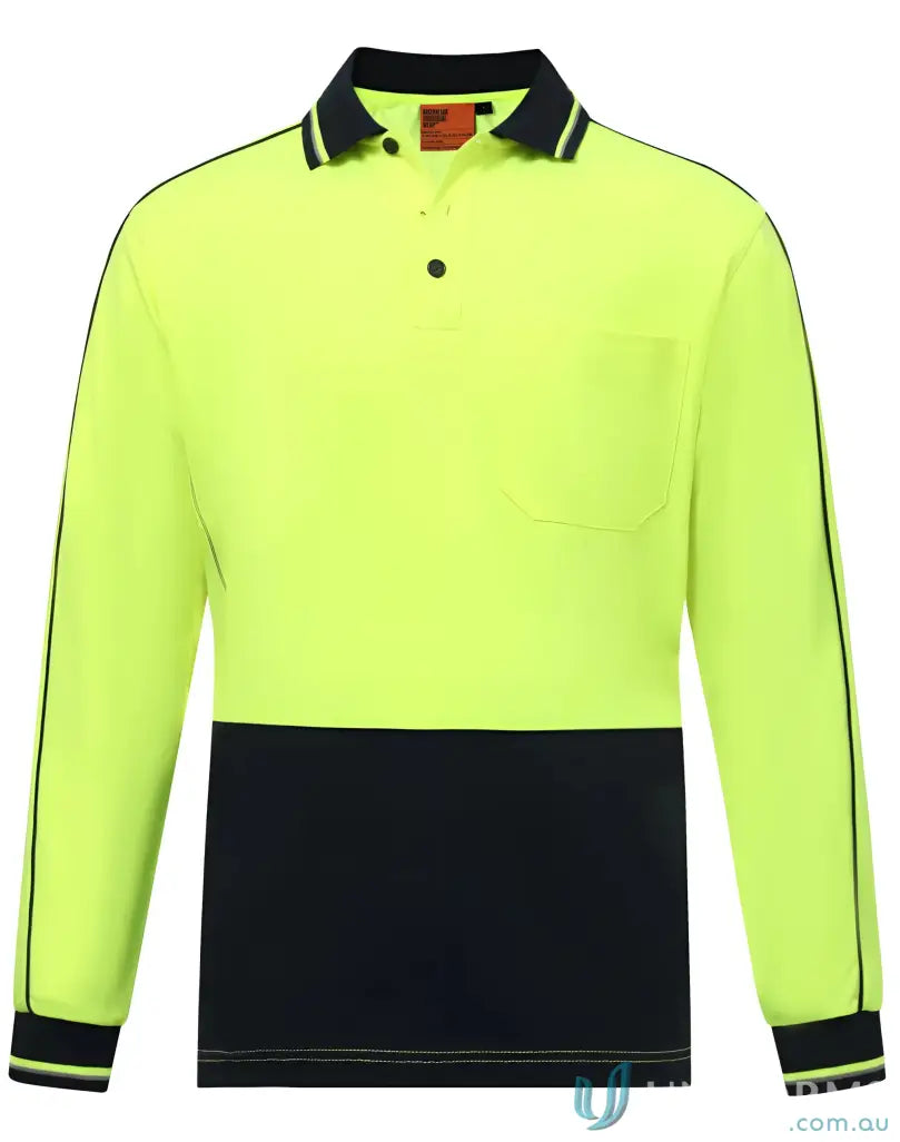 HiVis Sustainable Cool-Breeze Safety Polo with long sleeves, two-tone neon yellow and black