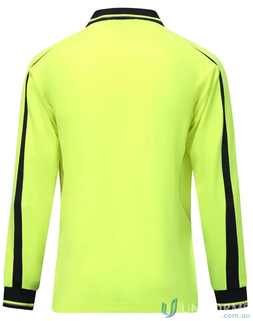 Lime green hi-vis sustainable polo with black and white striped collar and cuffs
