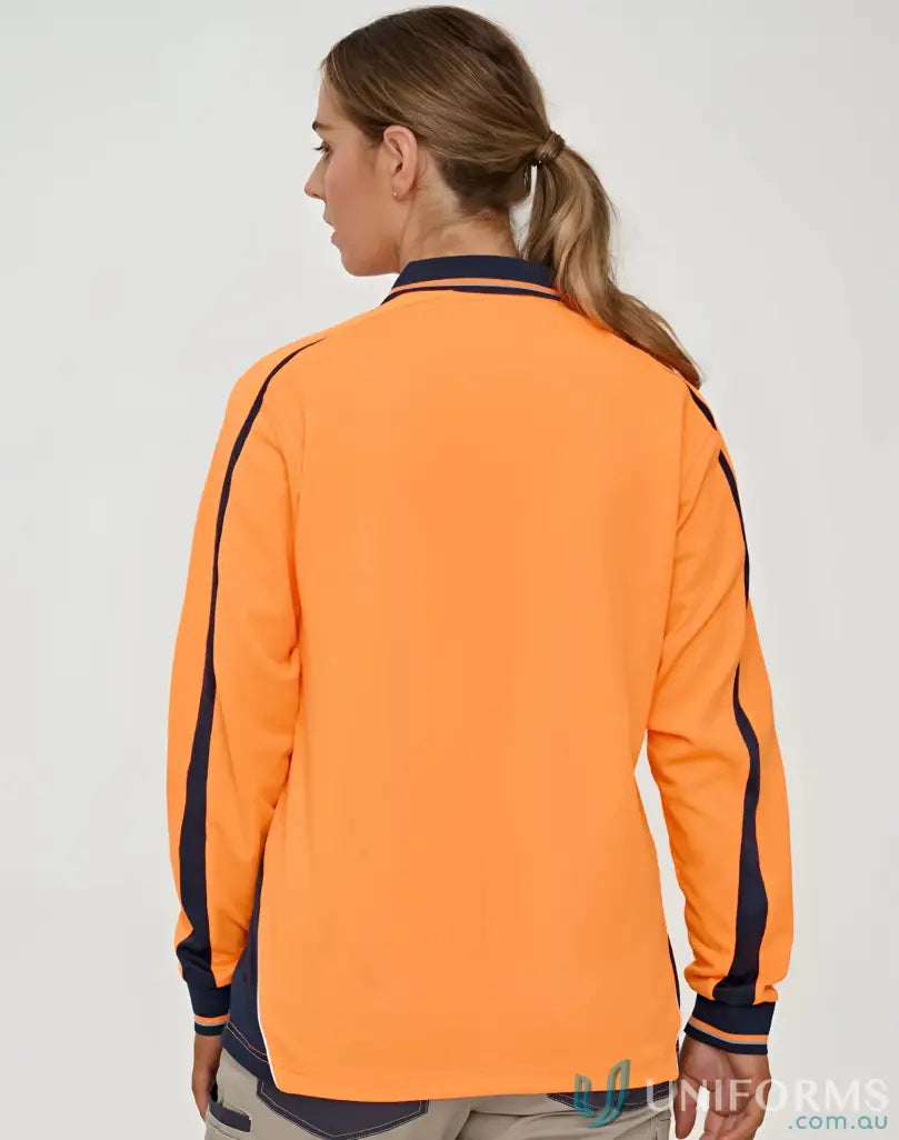 Orange long-sleeved hi-vis sustainable polo with navy accents for cool-breeze safety
