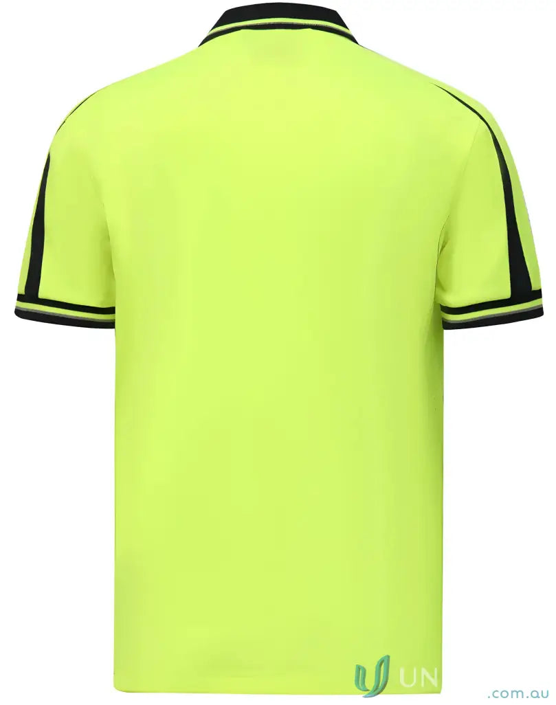Men’s lime green hi-vis SW89 cool-breeze safety polo with black trim on collar and sleeves