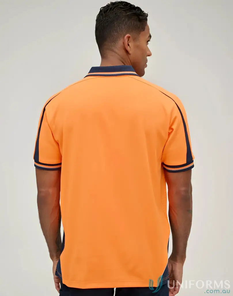 Men’s orange and navy blue HiVis SW89 cool-breeze safety polo for sustainable comfort