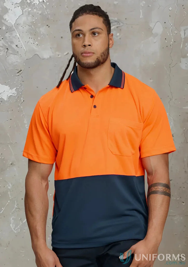Two-tone orange and navy HiVis TrueDry Polo shirt showcasing the winning spirit hivis design