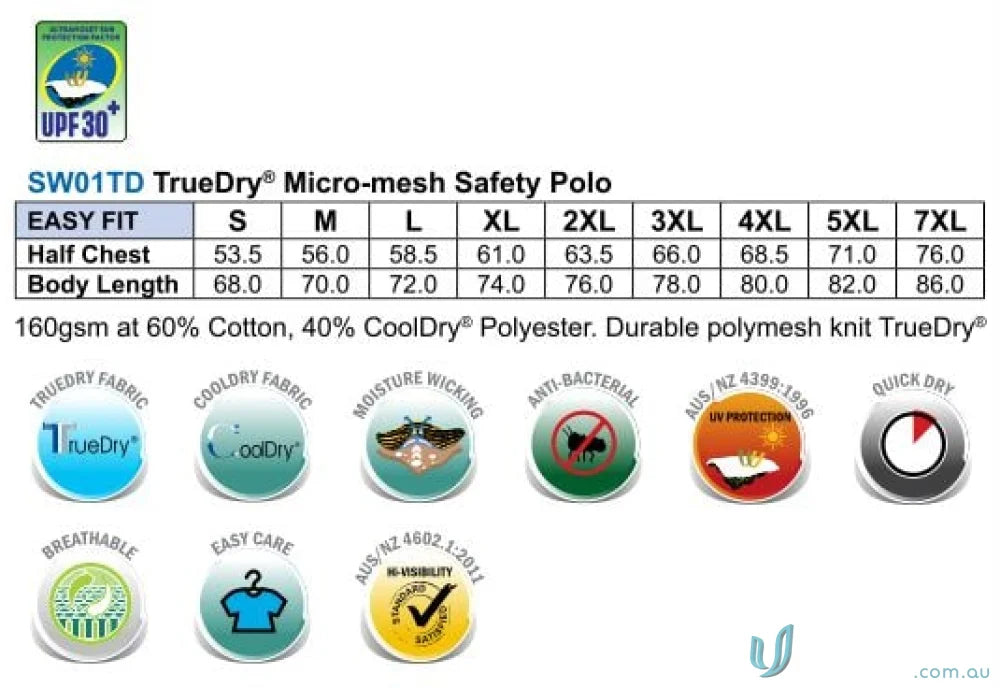 Hivis Truedry Polo sizing chart and fabric details for ultimate winning spirit hivis fit