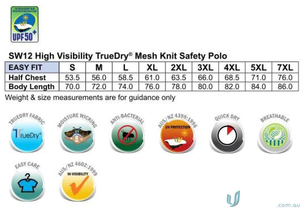 High visibility polo shirt size chart for HiVis TrueDry Safety Polo with features showing sw12 truedry and Spirit HiVis Truedry