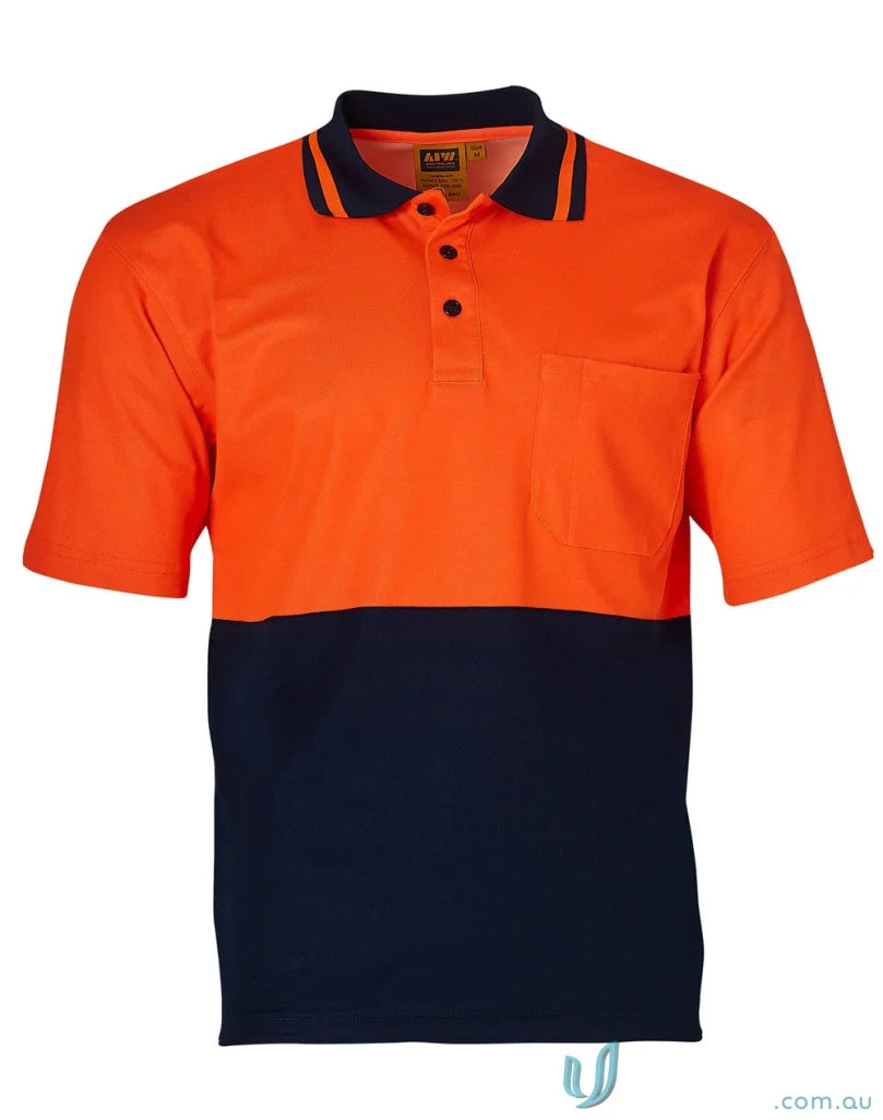 Orange and navy blue short-sleeved HiVis TrueDry Safety Polo shirt with sw12 truedry fabric
