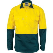 HiVis Two Tone Close Front LS Cotton Drill Shirt - Fluoro Yellow/Bottle / A(S) - WORKWEAR