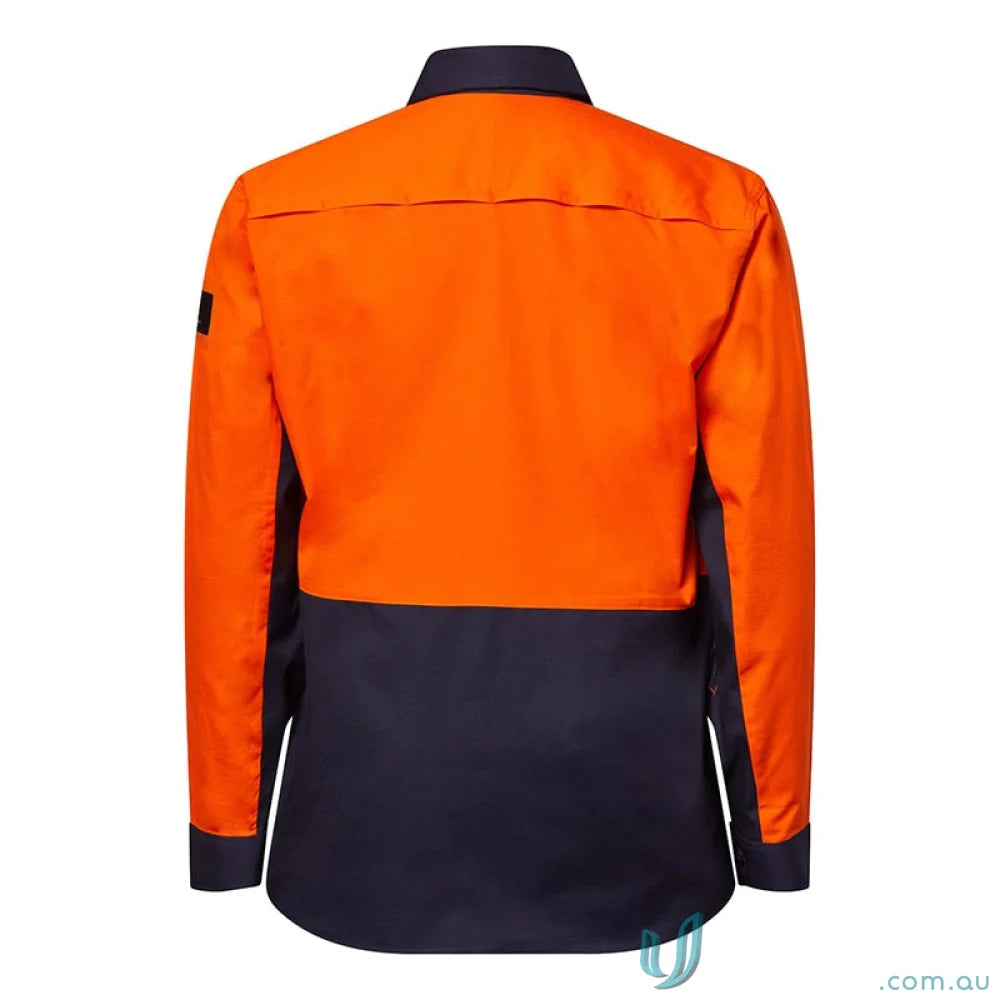 Orange and navy blue HiVis Vented Ripstop LS Shirt for work uniforms with sun protection