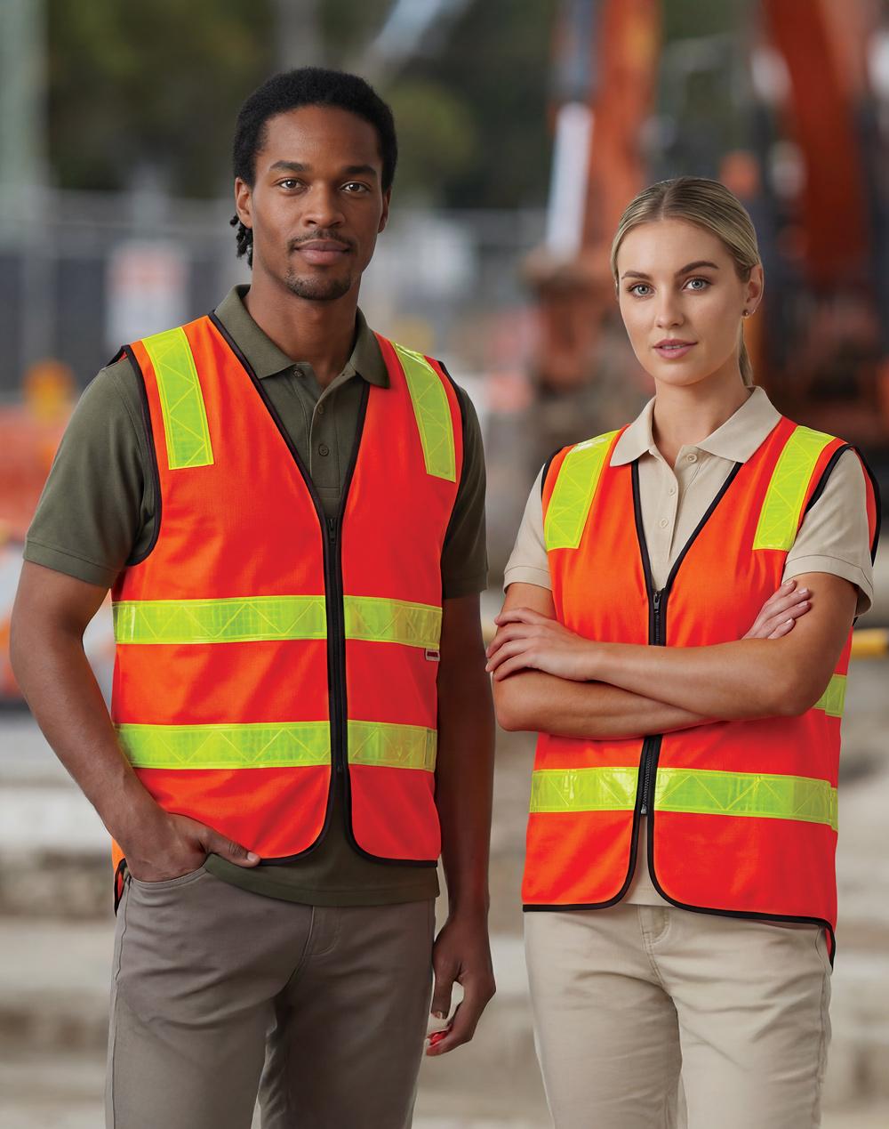 HiVis VIC Road Safety Vest with bright orange fabric, reflective tape, warp-knitted polyester for road work