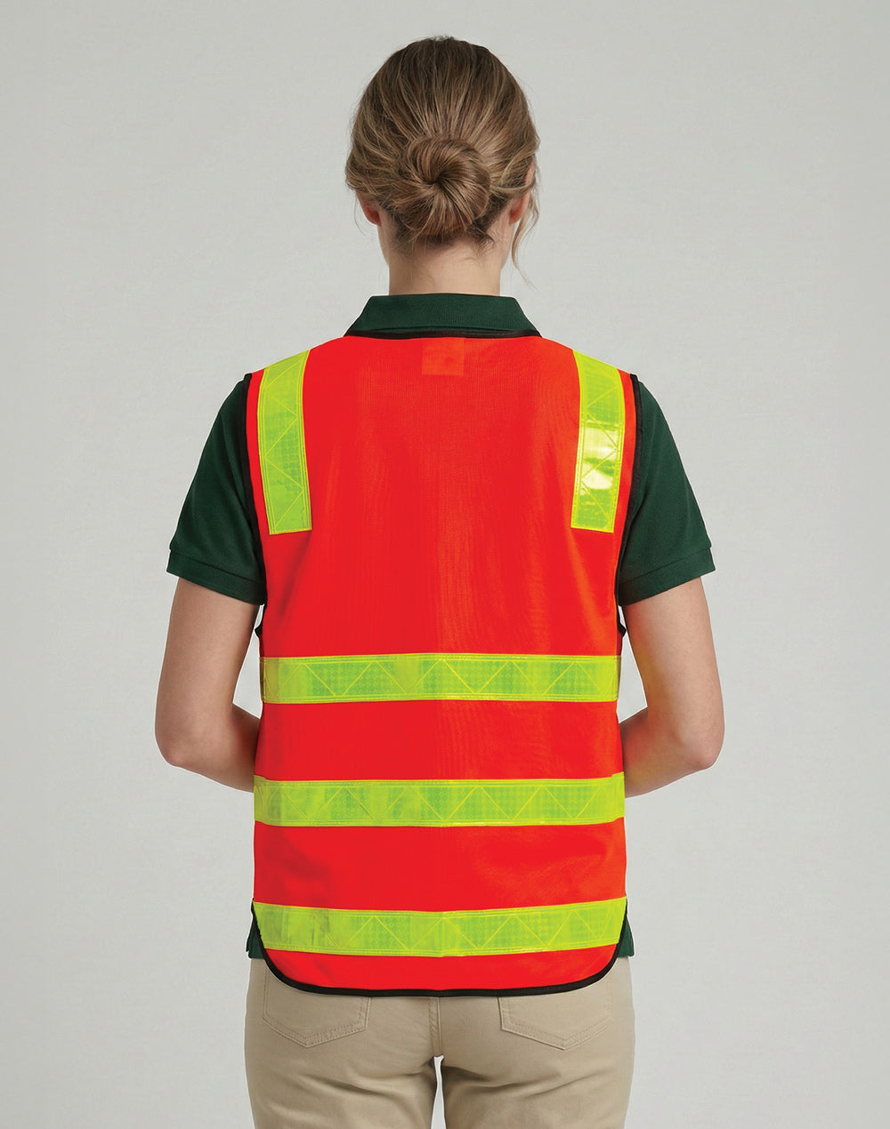 HiVis VIC Road Safety Vest with bright orange fabric, reflective tape, warp-knitted polyester for road work