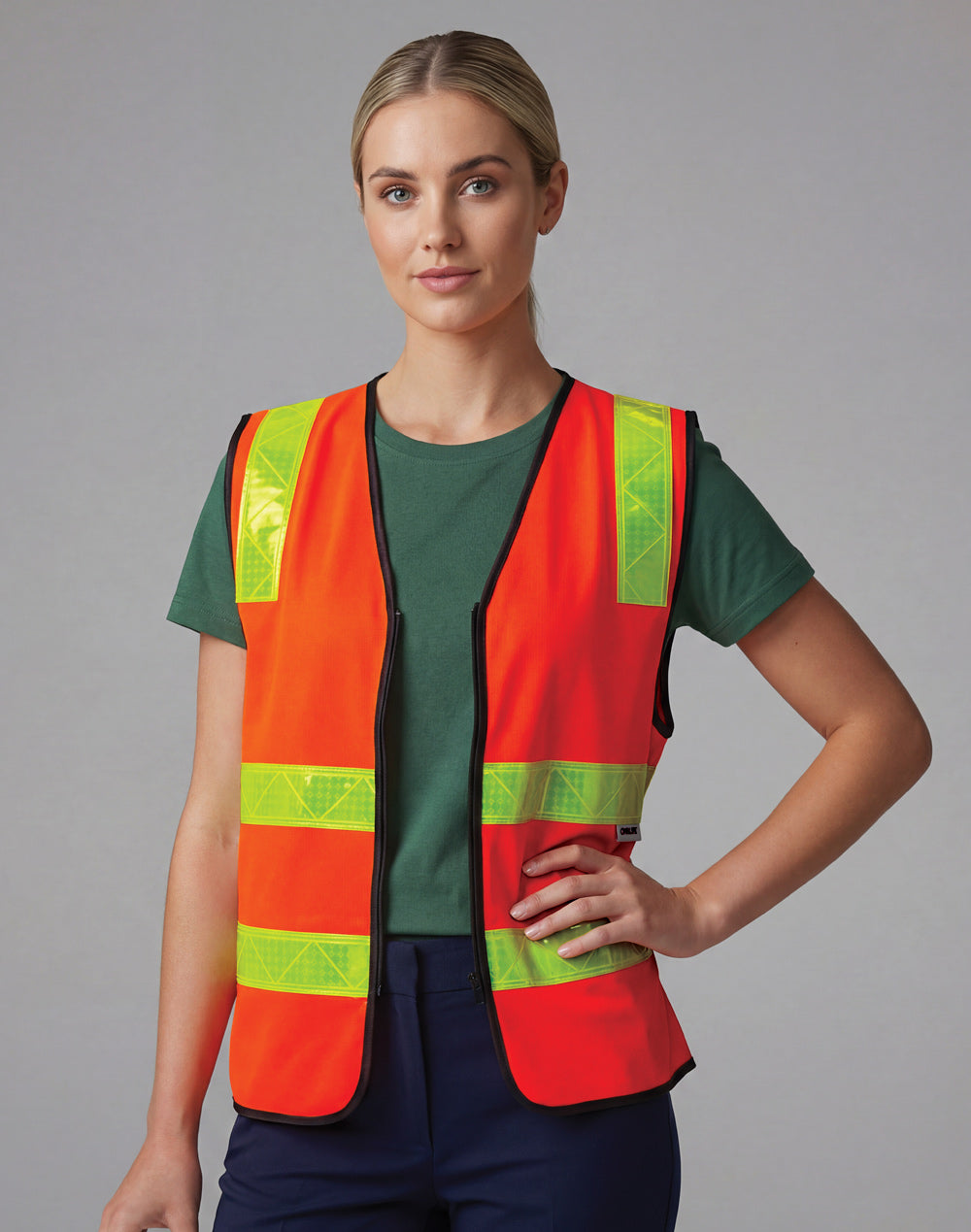 HiVis VIC Road Safety Vest with bright orange fabric, reflective tape, warp-knitted polyester