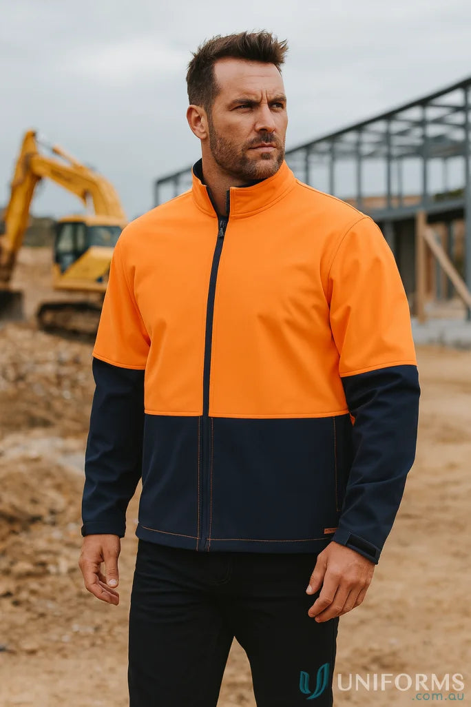 Men’s orange and navy HiVis Water Resist Softshell Jacket with adjustable sleeves for safety