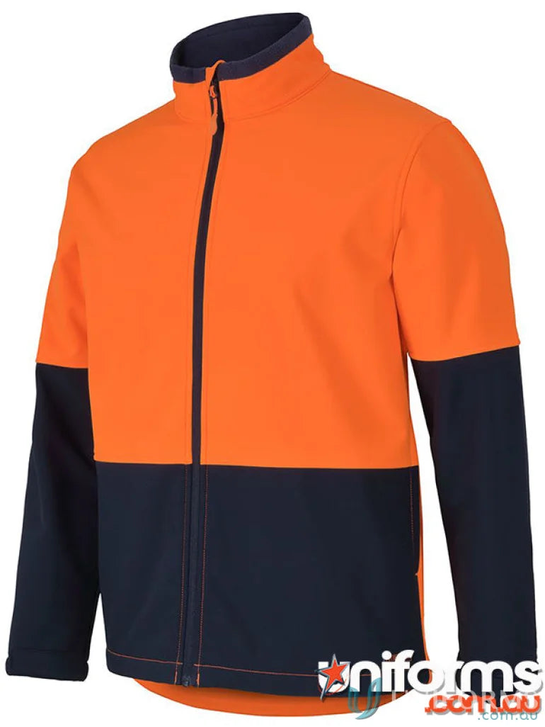 Orange and navy HiVis Water Resist Softshell Jacket meeting Australian safety standards with adjustable sleeves