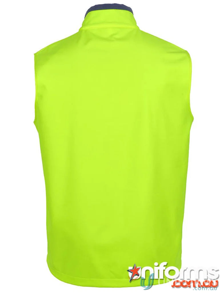 Fluorescent yellow HiVis Water Resist Softshell Vest with navy collar for Australian safety standards